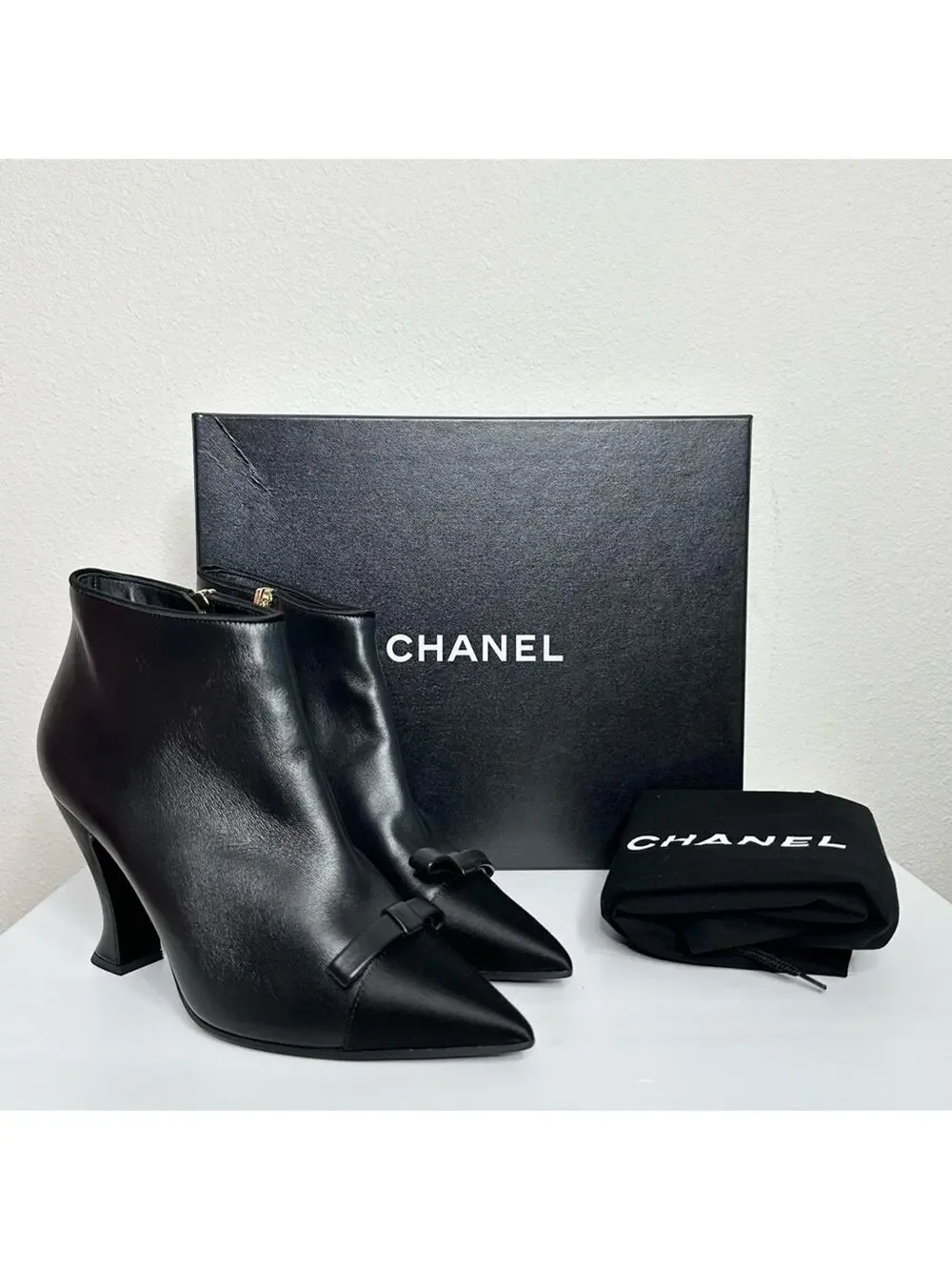 CHANEL Black Ankle Boots Size 37 CC Logo Bow Accent